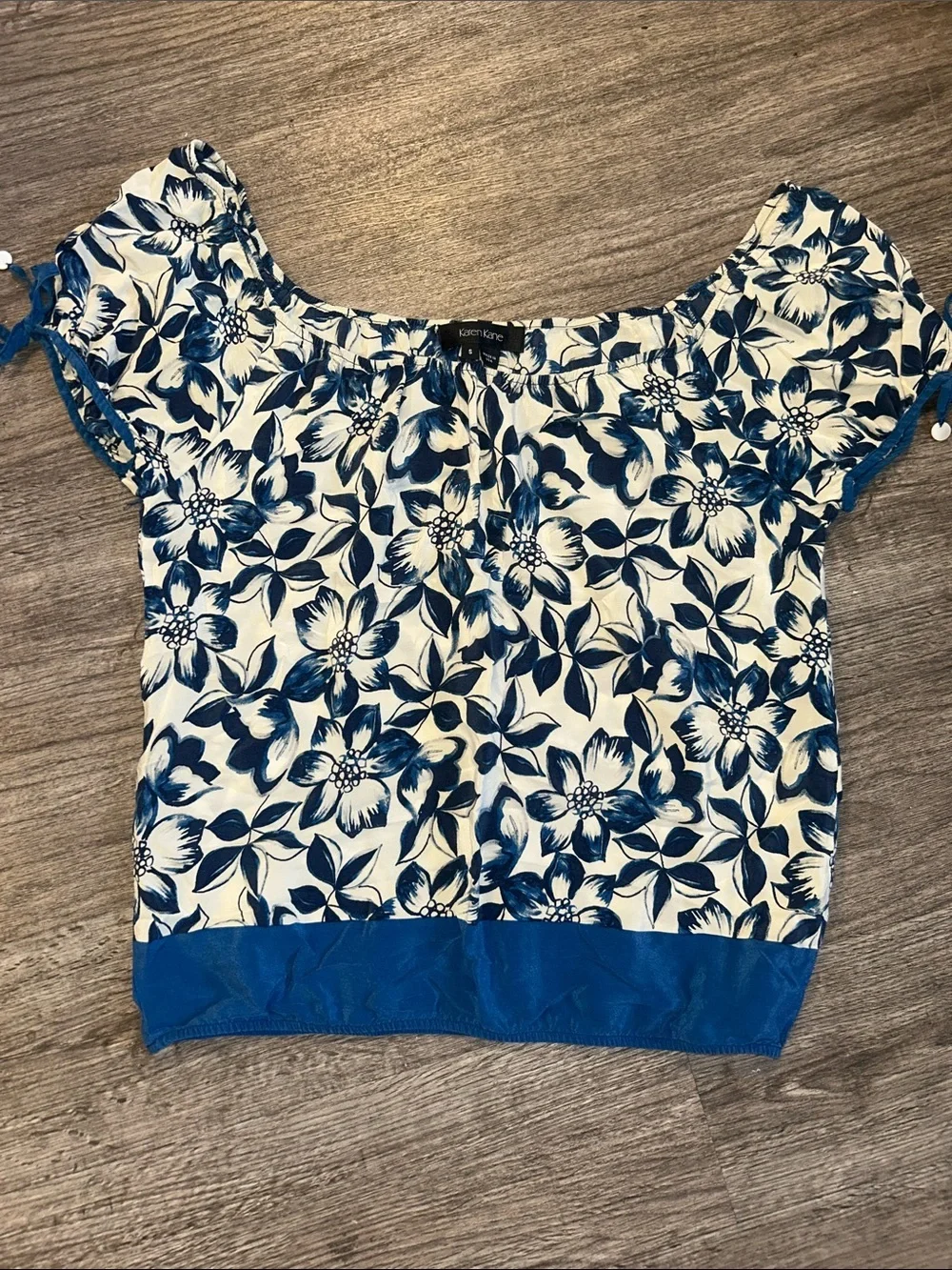 Karen Kane 100% Silk Blue Floral Peasant Blouse Tie Sleeve Top Small